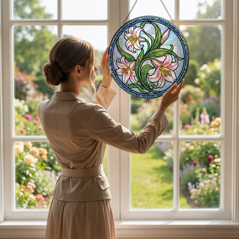 Panneau de vitrail floral 12 "H Lily, H 12 po x l 12 po