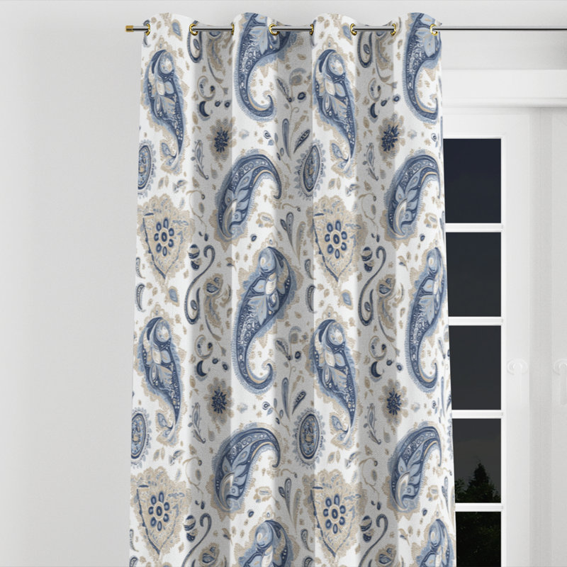 French Country Blackout Curtains - Transitional Blue Vintage Paisley Dreams Grommet Curtain - 1 Panel, Gold Grommets