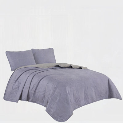 3-Piece Reversible Lavender Leaf-Quilted Microfiber Bedspread Set,Queen
