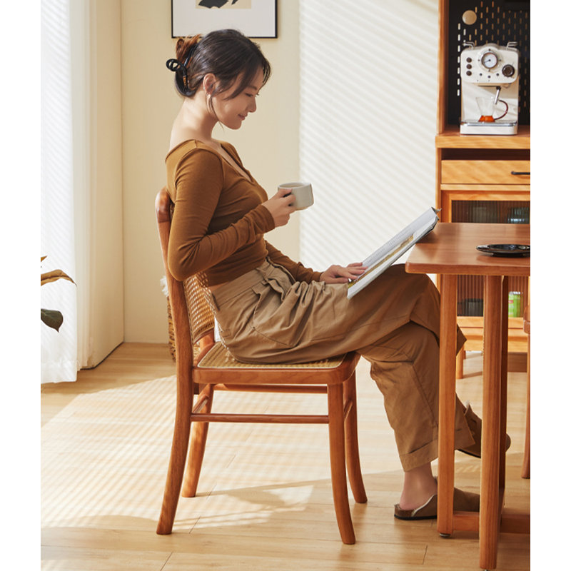 Retro Solid Wood Wicker Dining Chairs With Backrests