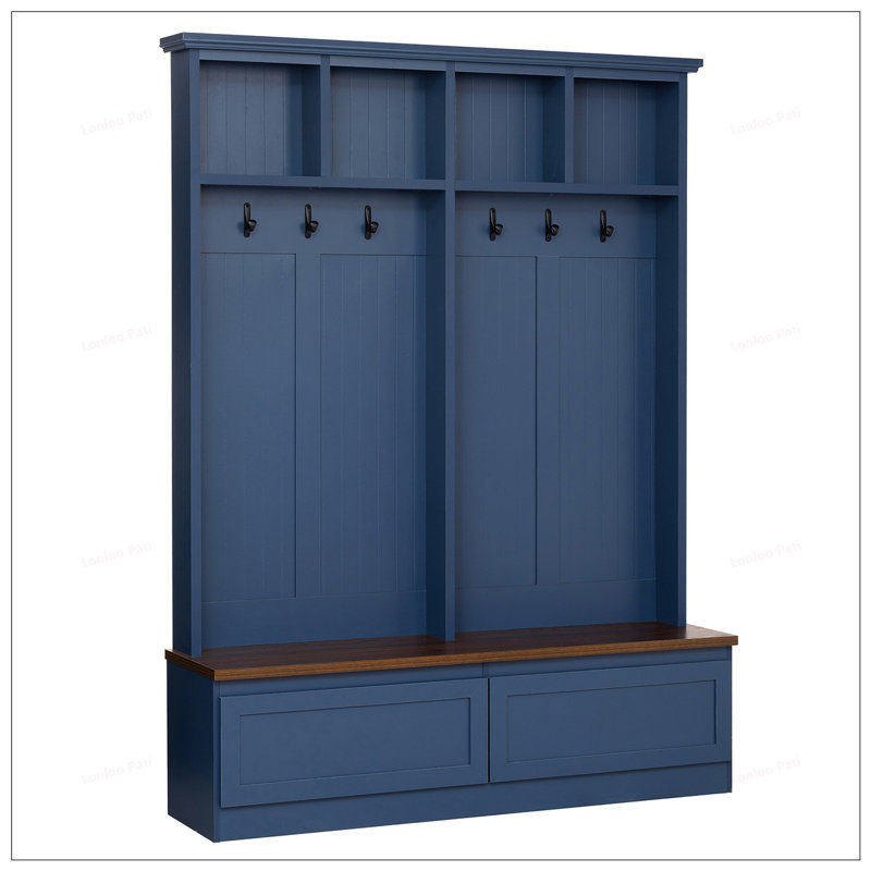 Farmhouse 4-in-1 Hall Tree with Wood Grain Bench, Mudroom Organizer with 2 Large Drawers for Entryway, Blue