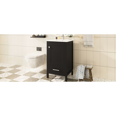 Meuble-lavabo compact de 20 pouces avec lavabo en céramique, tiroir à fermeture en douceur et structure de porte en bois massif à double couche, portes, support pour un rangement efficace