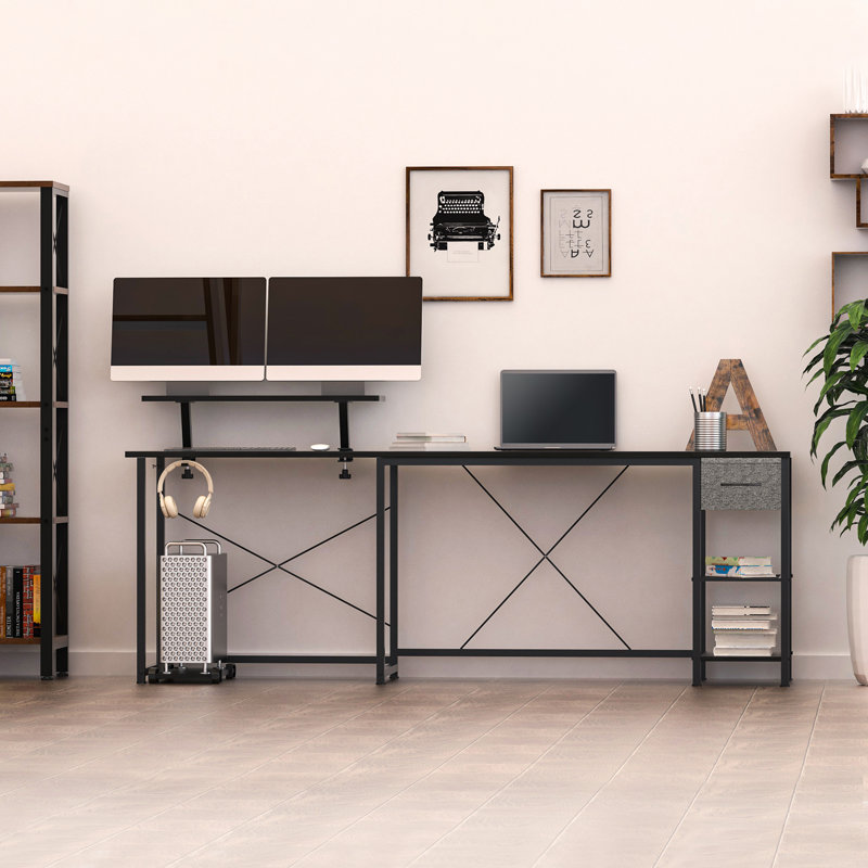 Ivanno L-Shaped Metal Base Computer Desk, Black