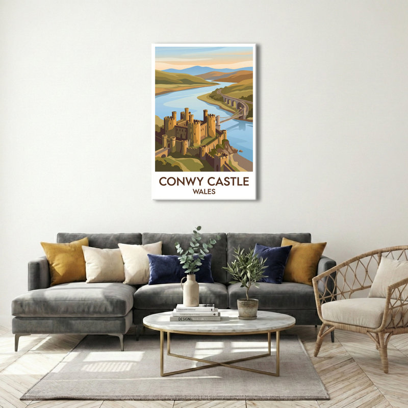 Conwy Castle, Wales - Romantic Travel Poster Of Medieval Castle And Coastal Views. Giclee Print On Wrapped Canvas. Wall Art, Home Decor - Castles & Palaces, Wales - Wrapped Canvas Print