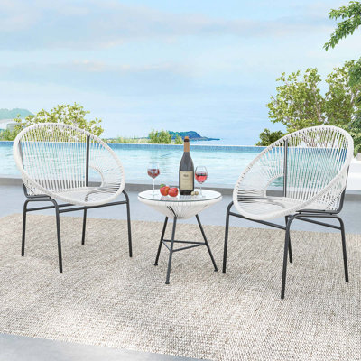 3 Pcs Patio Acapulco Furniture Bistro Set Plastic Rope Glass Table White