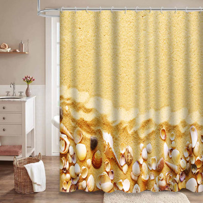 Seashells and Sandy Beach Border Shower Curtain with 12 Hooks