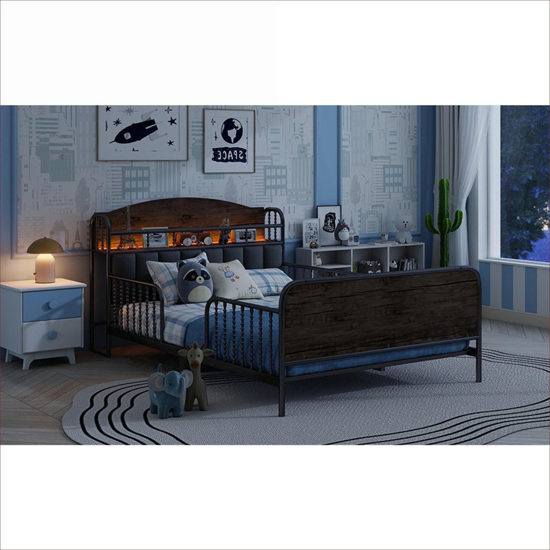Lit plateforme courbé en métal pour chambre d'enfant noir de jais avec lumière DEL et tête de lit tapissier avec rangement