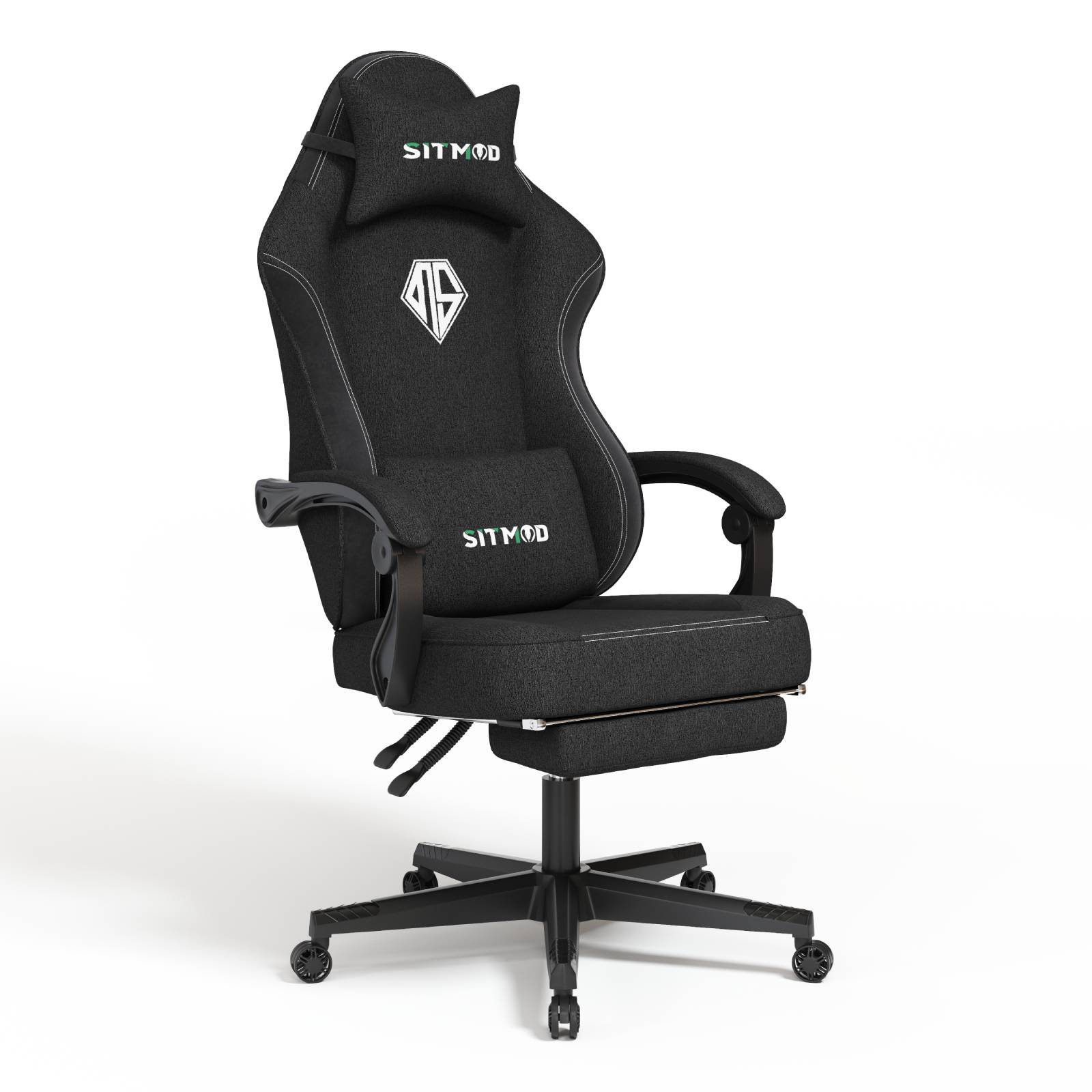 Gaming Office Chair with Extendable Leg Rest, Black Fabric Upholstery