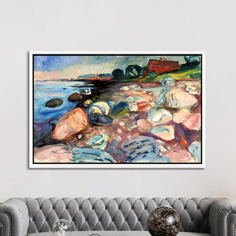 Shore With The Red House, 1904 by Edvard Munch - Print on Canvas, 152.5 cm H x 101.5 cm W, White Framed