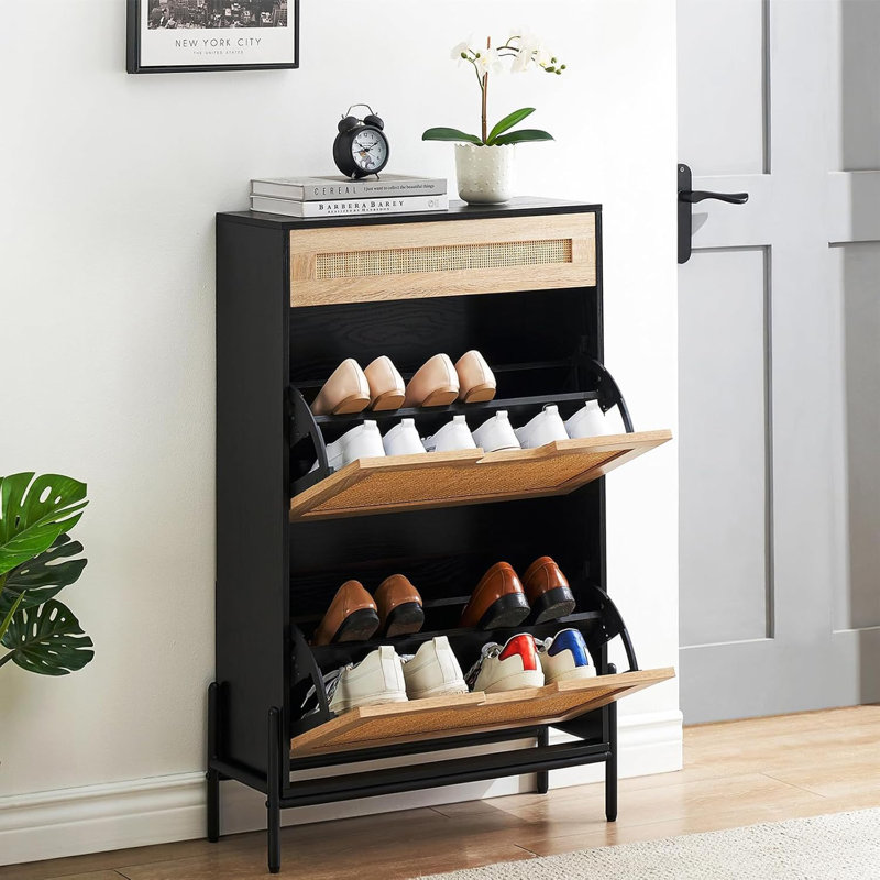 Entryway Shoe Cabinet With 2 Drawers, Slim Wooden Shoe Organizer With Linen Front Panels, Black