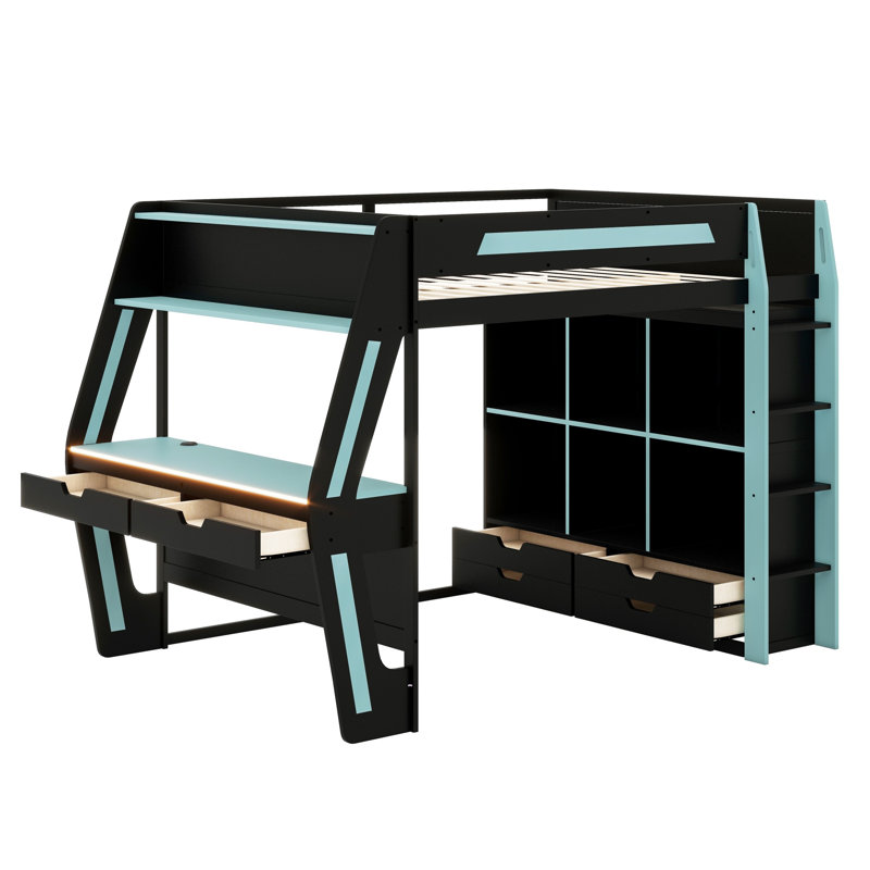 Multifunctional Wooden Gaming Loft Bed, Built-in Writing Desk Design, RGB LED Lights, USB Power Ports, Storage Cubbies, Drawers