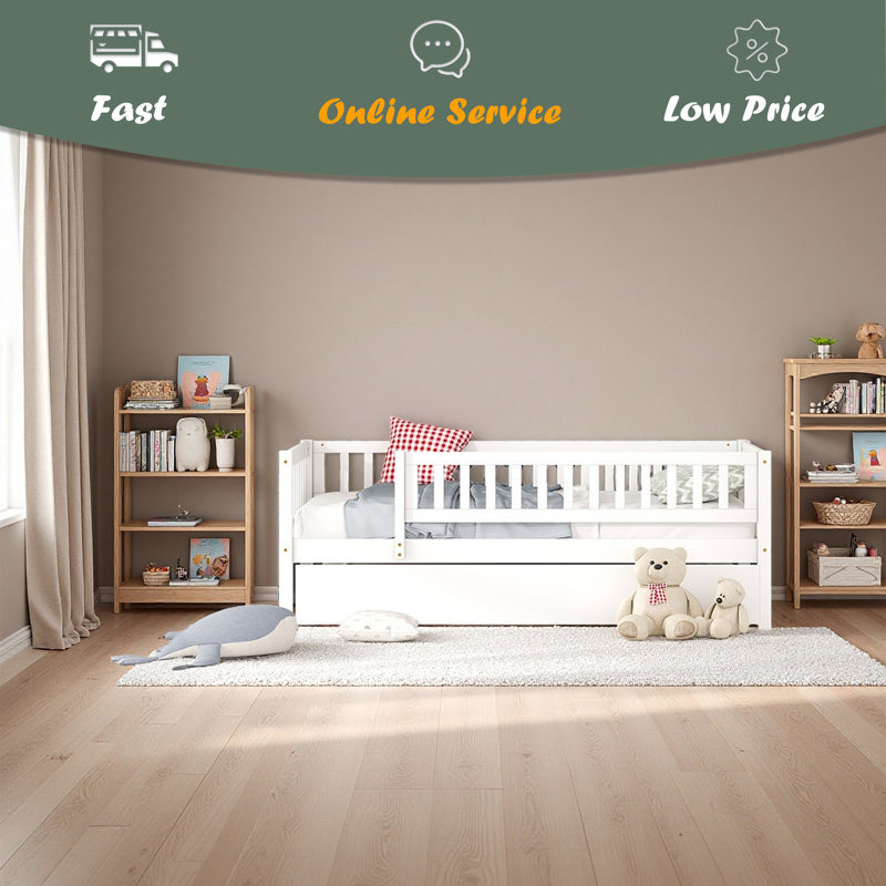 Lit de jour simple en bois avec couchette et garde-corps, Blanc