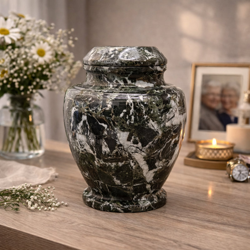 Urne de crémation décorative en marbre pour adultes, motif marbré zébré noir, grande capacité