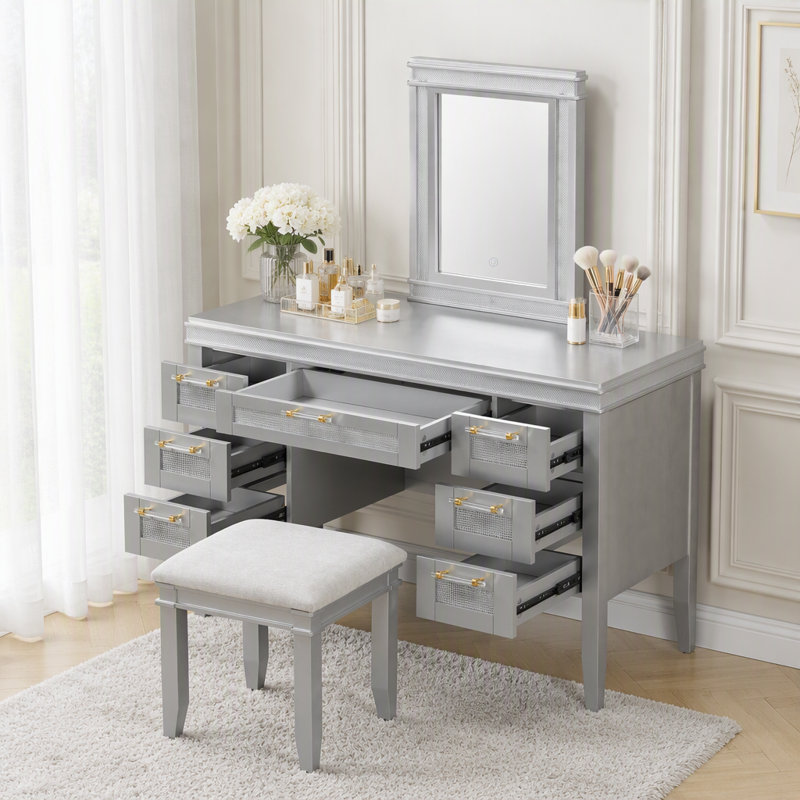 Coiffeuse de 122 cm avec miroir et éclairage, 7 tiroirs et tabouret rembourré, Bleu grisâtre
