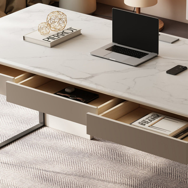 Bureau blanc et blanc en acier manufacturé + acier avec 3 tiroirs, H 29,53 po x l 70,87 po x P 27,56 po