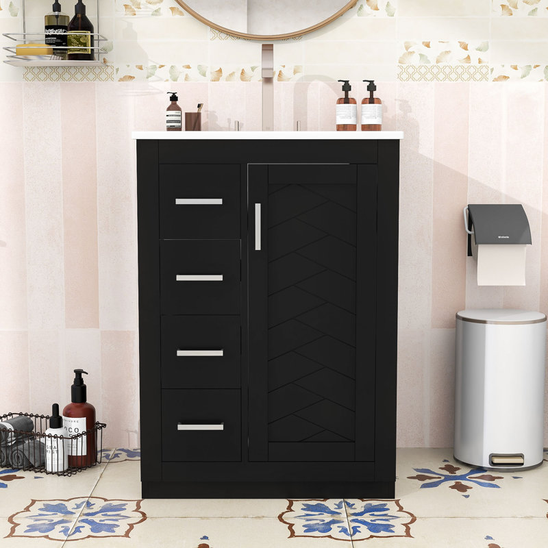 Meuble-lavabo moderne avec lavabo en céramique, 3 tiroirs à fermeture en douceur et armoire de rangement, Black
