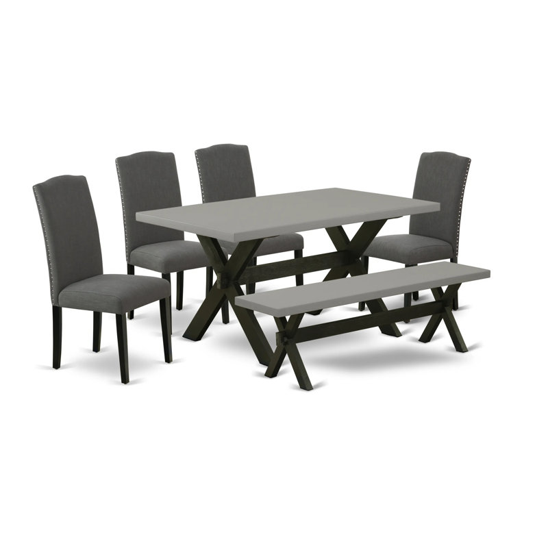 L'ensemble de table de salle à manger 6 pièces contient une table de cuisine rectangulaire avec pieds en X et 4 chaises Parson en tissu de lin Gotham foncé avec un banc, noir brossé