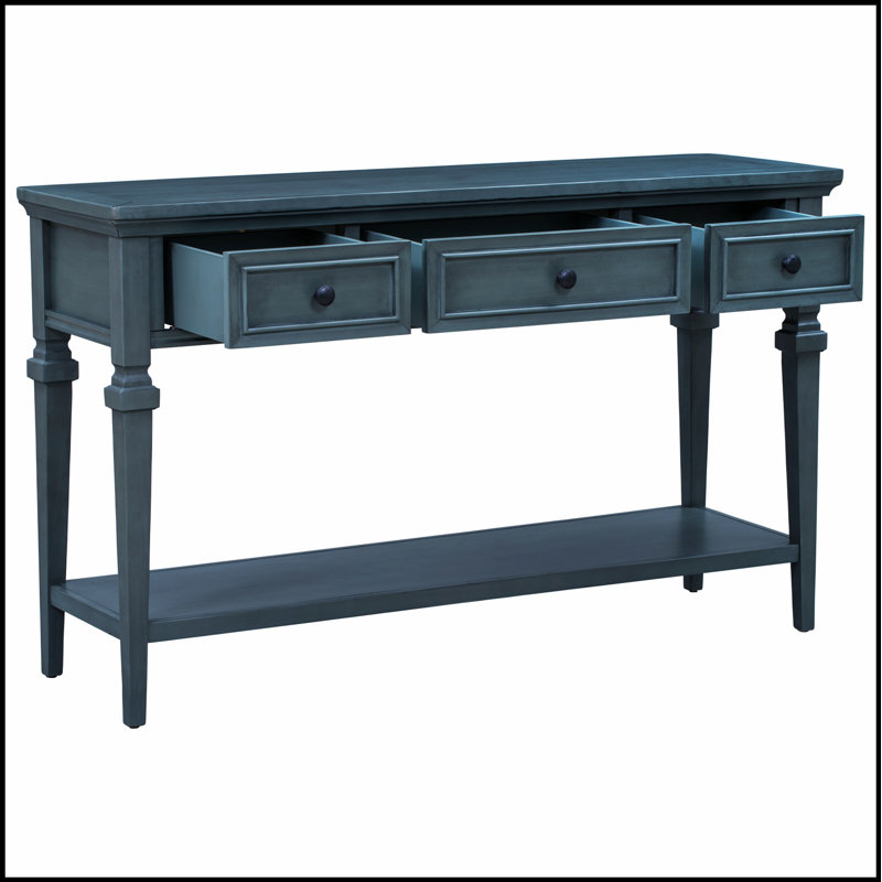 Classic Retro Style Console Table with Three Drawers and Open Bottom Shelf, Easy Assembly, Navy, Navy