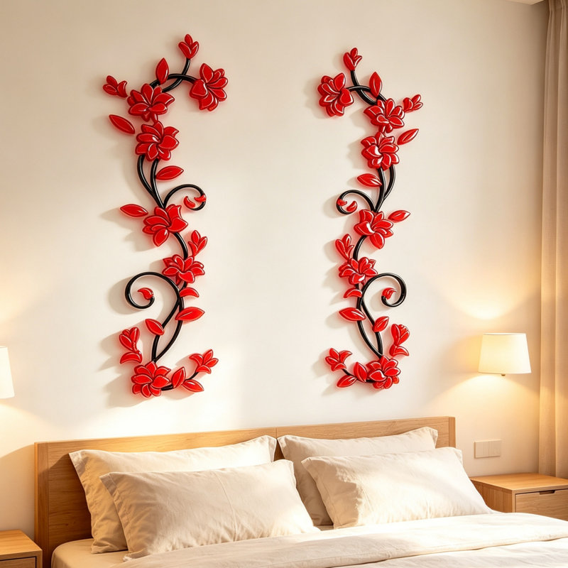 Autocollant mural 2 pièces acrylique en cristal 3D Rose Vine, art mural décoratif pour fond de canapé de chambre à coucher, branche noire avec fleur rose rouge