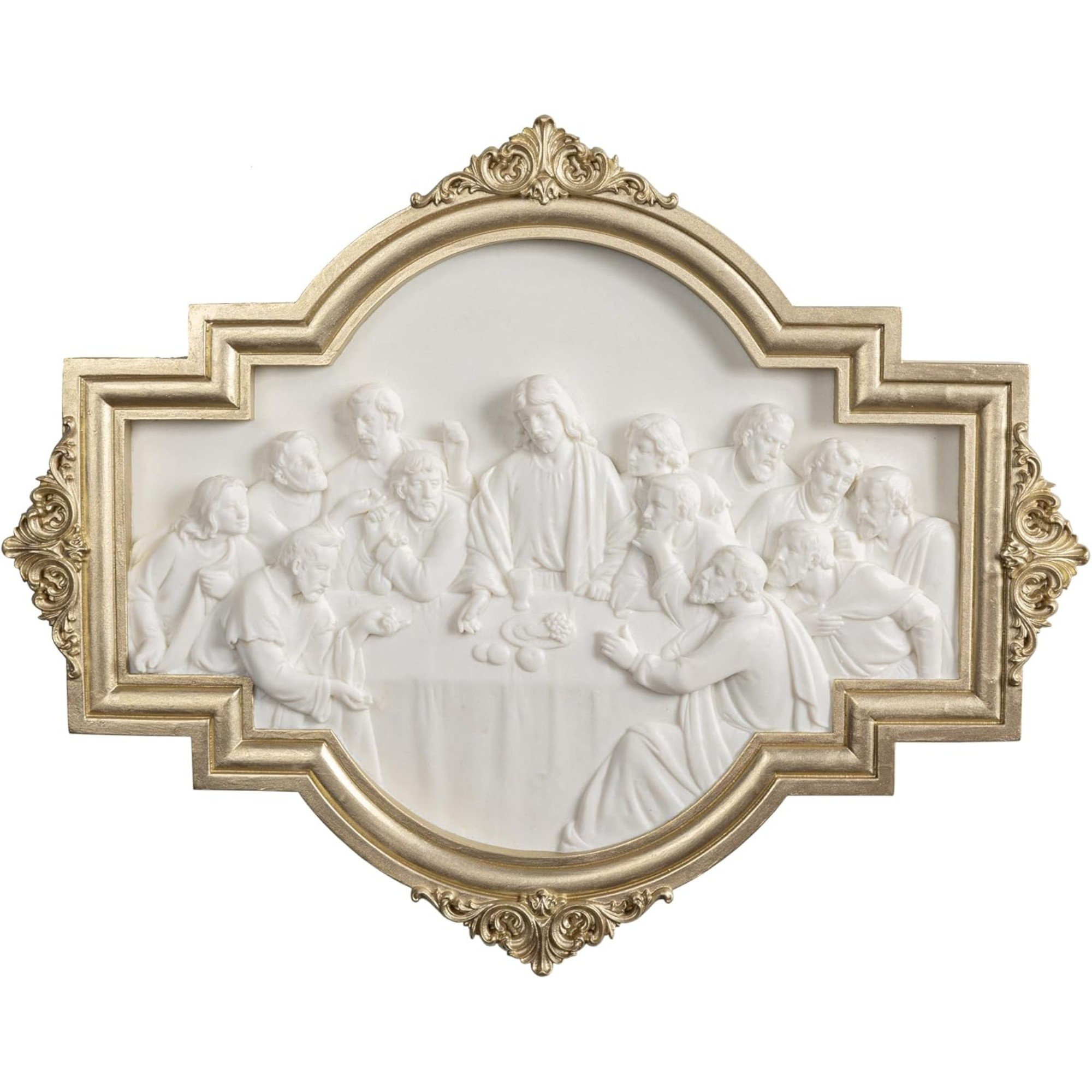 Renaissance-inspired 12.5'' Gold-framed Last Supper Relief Wall Art