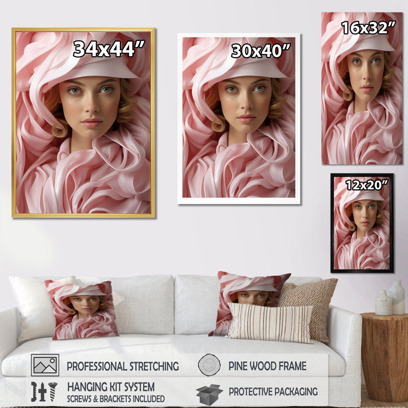 Femme chic avec un chapeau sur toile, Cadre simple noir, H 32 po x l 16 po x P 1 po