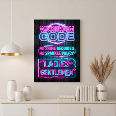 Neon Washroom Code Sign Canvas Wrapped Wall Art Oil Painting Print With Pink And Blue Glow Effect For Bathroom Decor