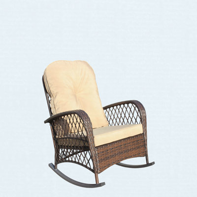 Chaise berçante d'extérieur en osier avec coussin, chaise berçante de patio en rotin avec structure en acier