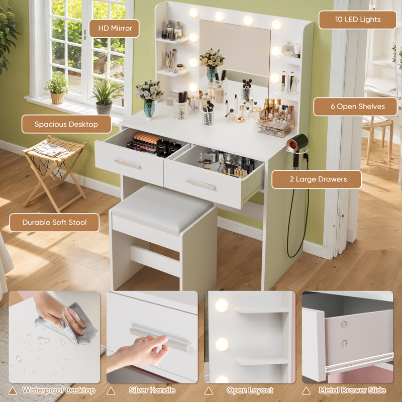 Makeup Vanity Desk with Lighted Mirror & Power Outlet, Makeup Vanity with stool, White
