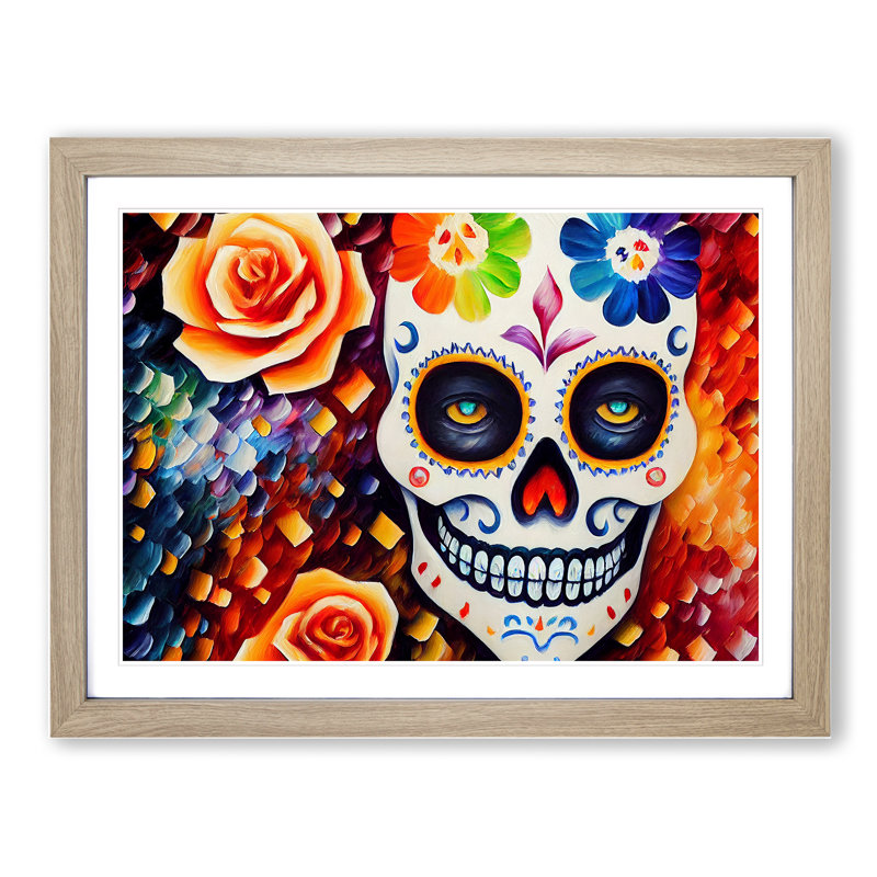 Incredible Floral Sugar Skull - Single Picture Frame Painting, Oak, 46cm H x 64cm W x 2cm D