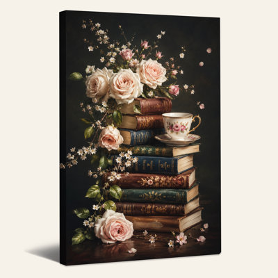 " Pink Roses And White Flowers On Stack Of Vintage Halloween " Painting Print
