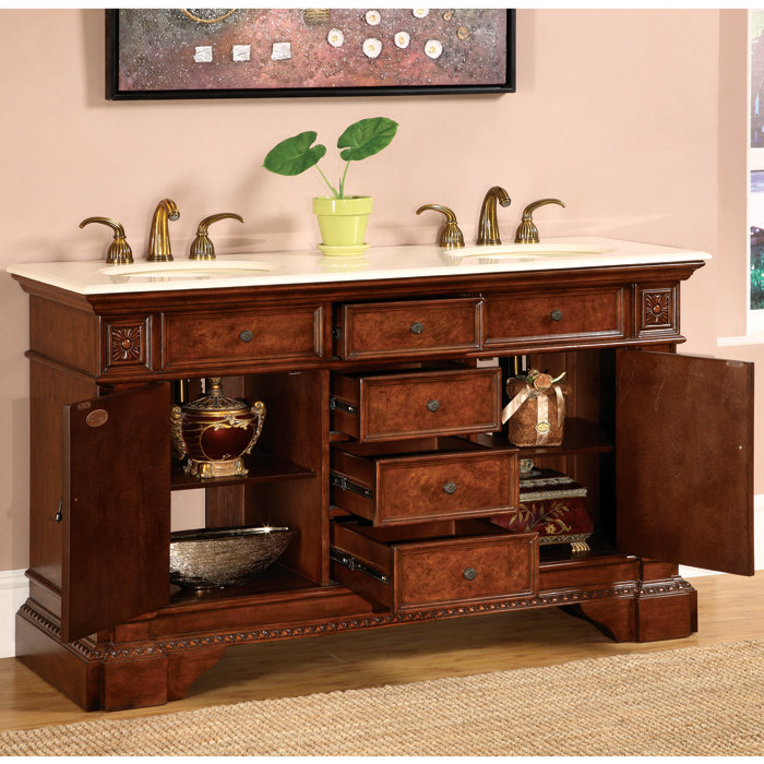 Ensemble de meuble-lavabo double 60 po Tingley, Marbre ivoire crème