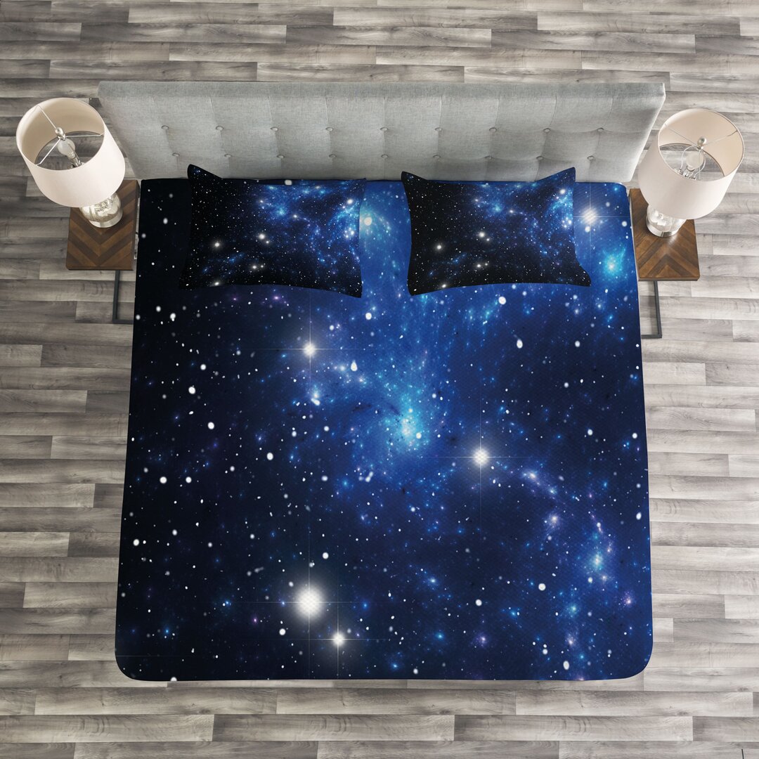 Gestepptes Bettdecken-Set, Space Star Nebel, Konstellation, Blau Schwarz Weiß