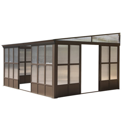Solarium toutes saisons 12 x 16 pi, solarium mural permanent avec fenêtres en polycarbonate détachables, solarium en aluminium avec 3 portes coulissantes verrouillables pour terrasse de jardin