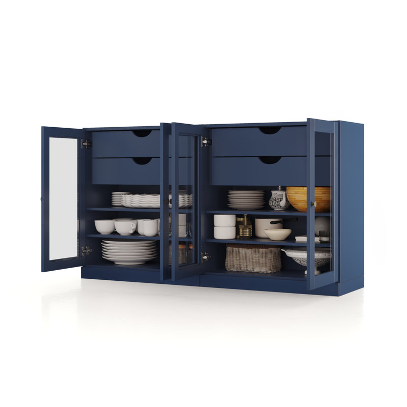 Buffet 100% bois massif 64 po avec portes en verre transparent, 4 tiroirs et tablettes réglables, Marine