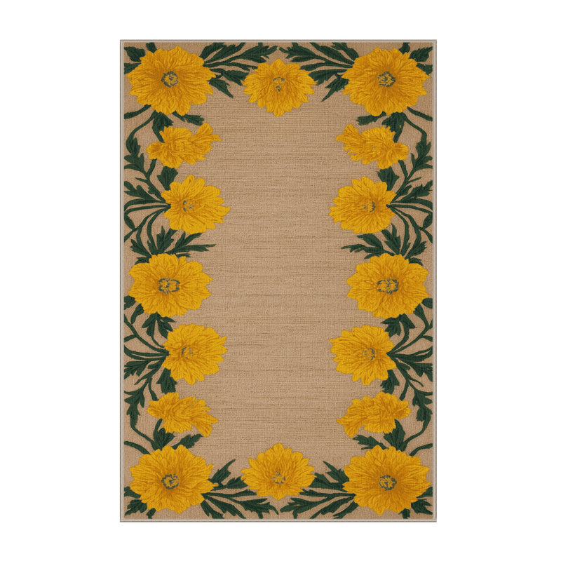 Tapis botanique beige lavable à la machine, Rectangle 2 pi x 3 pi