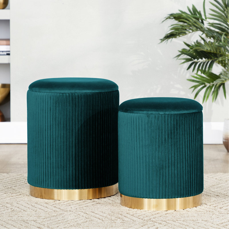Deux nichoirs en velours sarcelle paon avec métal doré, ornement plissé, couvercle amovible, utilisation intérieure seulement, limite de poids de 250 lb, 17,53 po de hauteur et base en métal, motif, utilisation, capacité de chacun, 14 largeurs