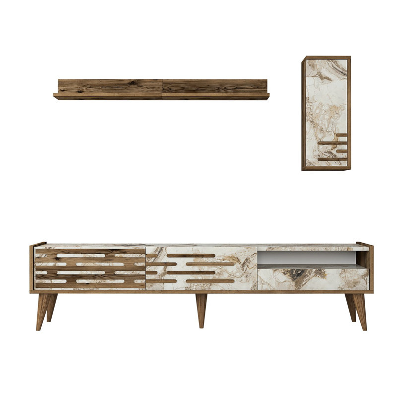 Meuble télé moderne avec tablette murale et armoire, noyer et marbre blanc, 70,9 x 13,8 x 17,7 pouces | 100% panneau de particules enduit de mélamine, épaisseur: 0,7 pouce | Nombreuses tablettes et rangement supplémentaire, design scandinave