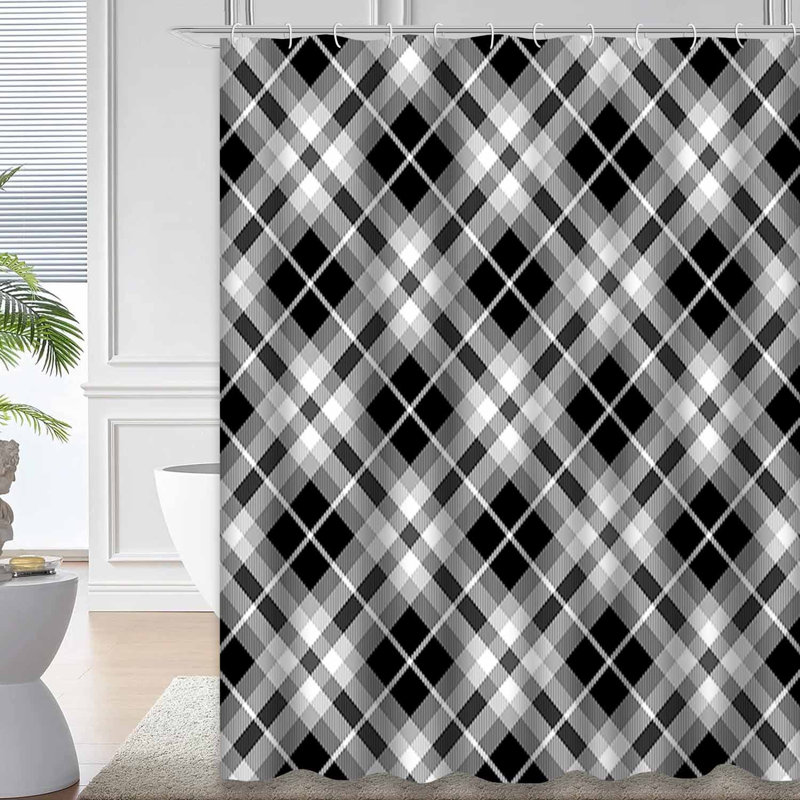 Rideau de douche sans couture à motif abstrait tartan blanc avec 12 crochets, L 72 po x l 72 po