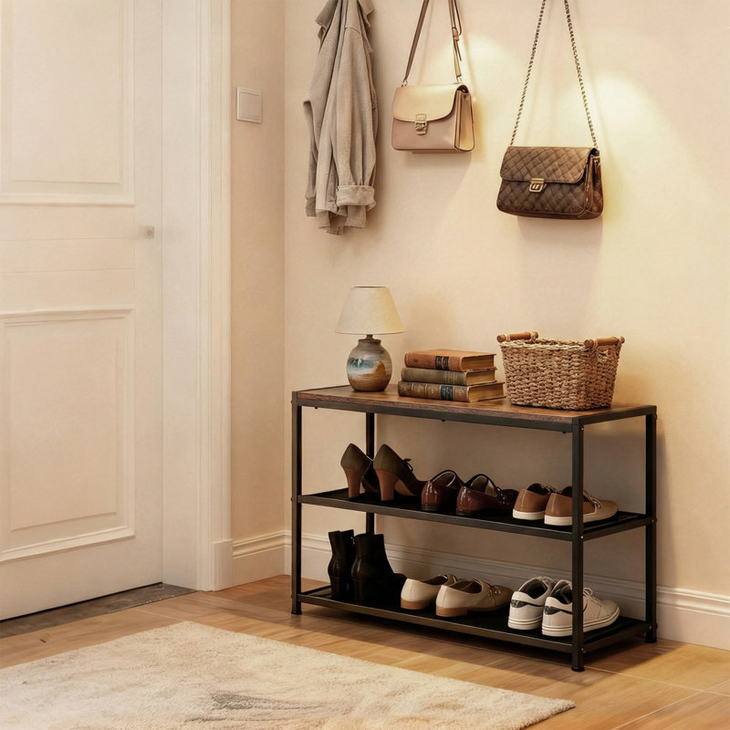 Banc à chaussures, étagère à chaussures à 3 niveaux, banc de rangement de rangement pour chaussures d'entrée avec tablettes en filet, 30 po