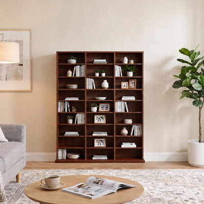 9 Tier Tall CD Display Cabinet, 33-Compartment Media Tower, Red Walnut | Adjustable Shelves, Anti-Tip Kit, Tall Wooden Freestanding Media Display Shelf Tower for CD, DVD, Manga, Movies, Games, Book