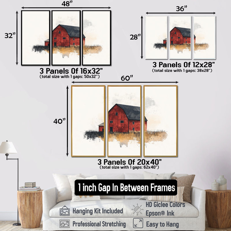 «Red and Black Rustic Barn Landscape I», ensemble de reproduction d'art mural de ferme, Toile avec cadre flottant brun