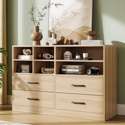Commode pour chambre à coucher avec 4 tiroirs et 6 casiers de rangement, commode moderne, organisateur de tiroir de meuble télé avec 6 tablettes réglables pour le salon, le couloir, le bois de chêne