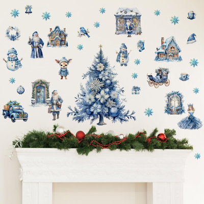 Hiver bleu, décoration murale, arbre de Noël, flocon de neige, bonhomme de neige, autocollant de fenêtre amovible, décoration de Noël