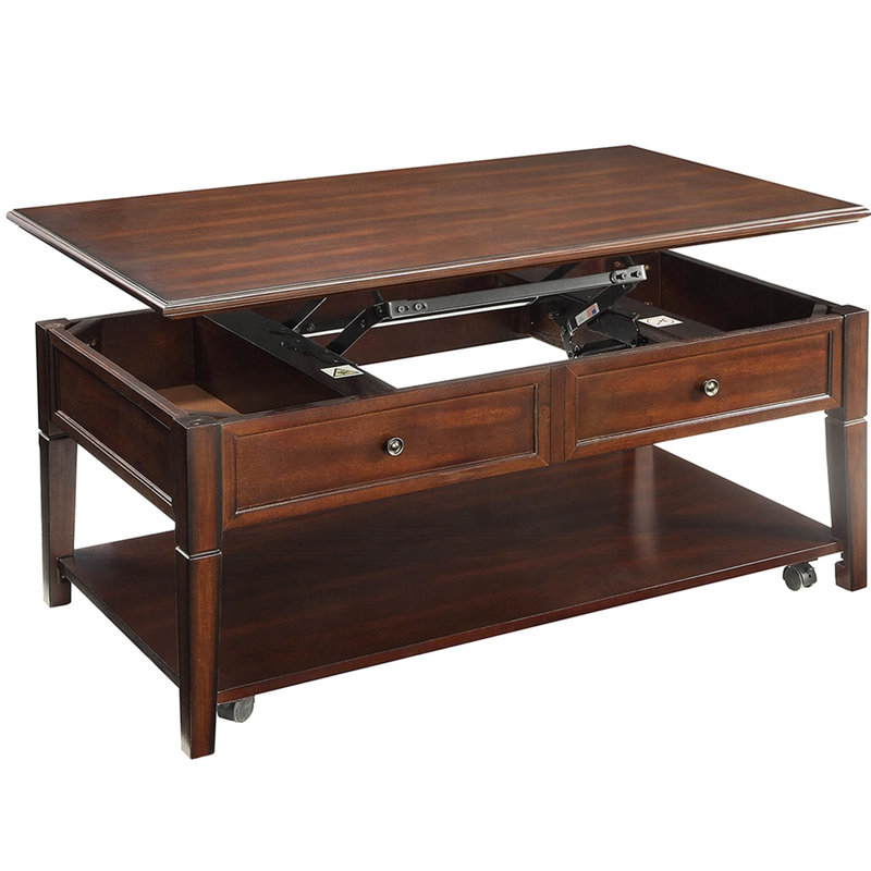 Table basse classique en noyer avec fonction de levage et compartiments pour objets décoratifs