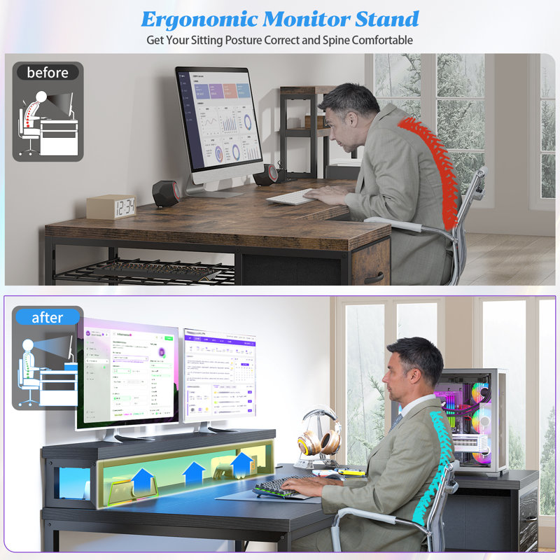 Small Home Office L Shaped Computer Desk With 3 Drawers & Led Lights & Power Outlet & Monitor Stand, Black