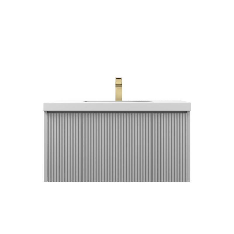 Lovold 36" Floating Bathroom Vanity with Acrylic Sink – Wall-Mounted Wood Cabinet with Fluted Front, Soft-Close Drawers & Modern Design