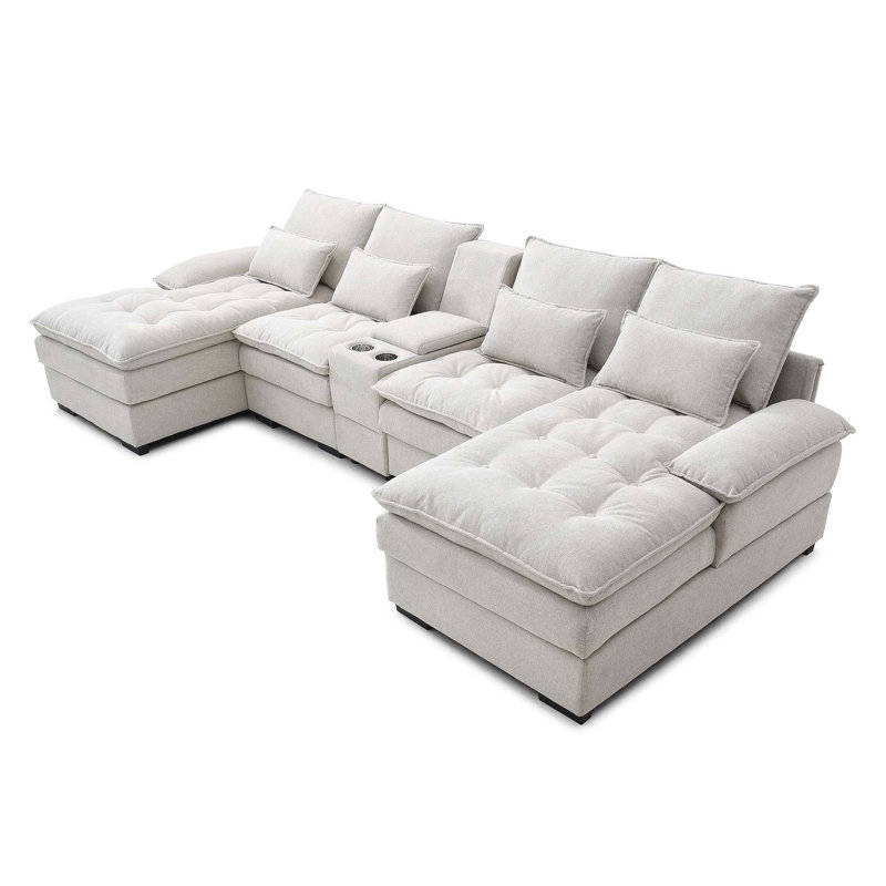 Canapé confortable à 6 places avec console et porte-gobelets pour le salon, Tissu blanc