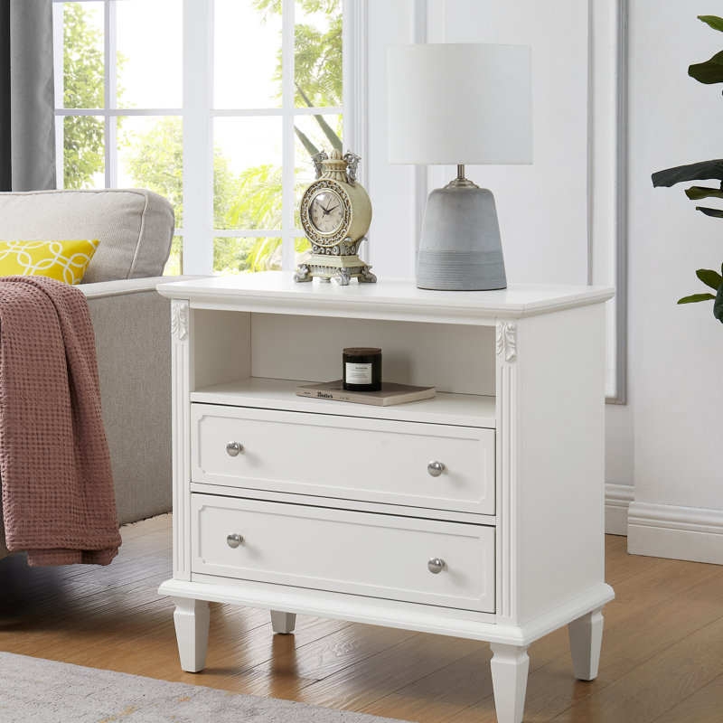 Table d'appoint blanche avec fonction de charge: 2 tiroirs, espace ouvert, pieds en bois massif, conception cannelée, tiroirs de la commode de la chambre à coucher