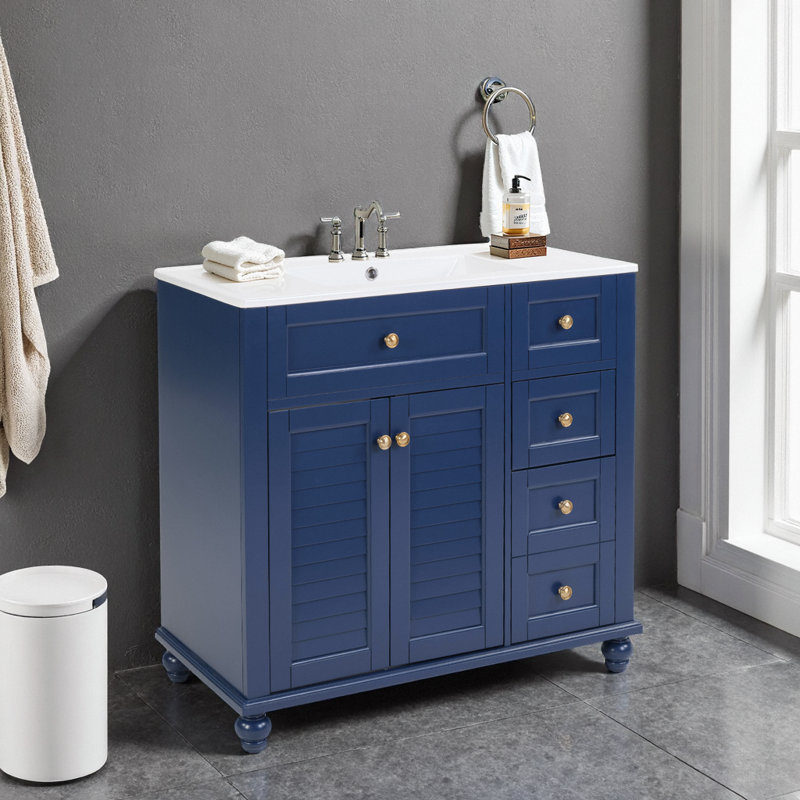 Meuble-lavabo 36 po avec lavabo en céramique - tiroir rabattable, portes à fermeture en douceur, tablettes ajustables, Bleu