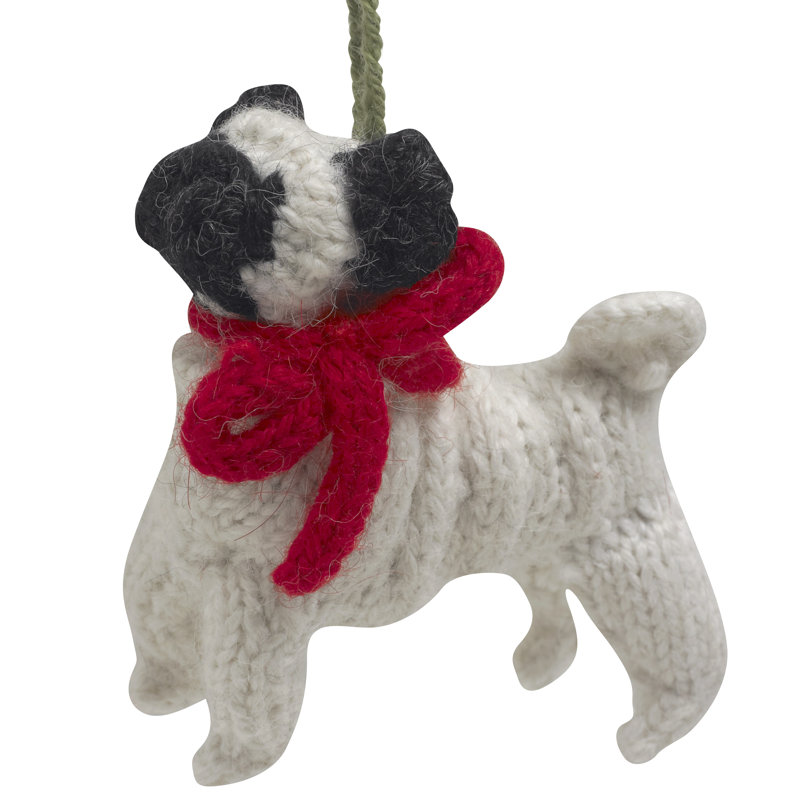Hand-Knit White and Black Alpaca Wool Pug Ornament